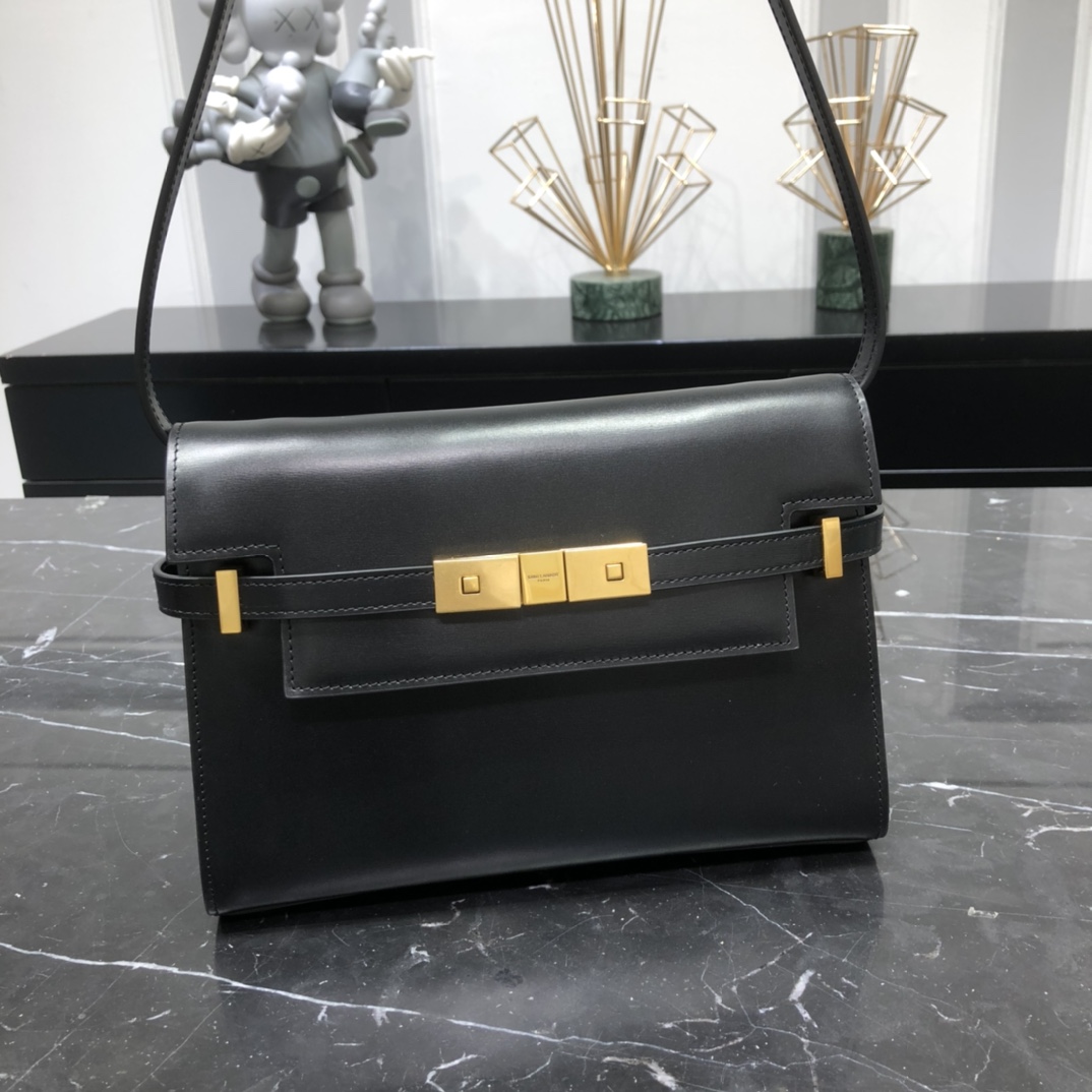 Saint Laurent Small Manhattan Box Calfskin Shoulder Bag Black 675626